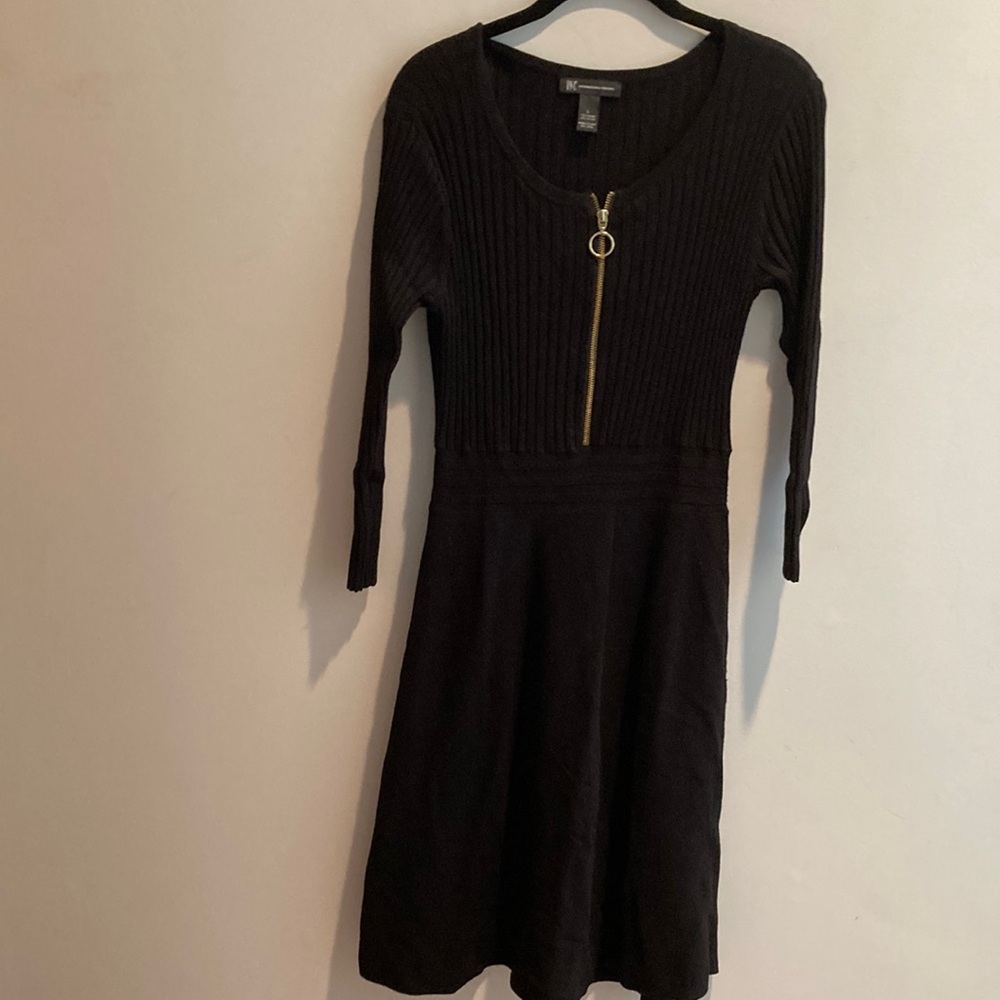 INC International Concepts Black and Gold Long Sleeve Sweater Dress